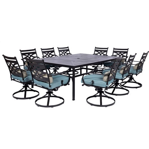 Hanover - Montclair 11pc: 10 Swivel Rockers, 60"x84" Rectangle Dining Table - Ocean Blue/Brown-United Backyard