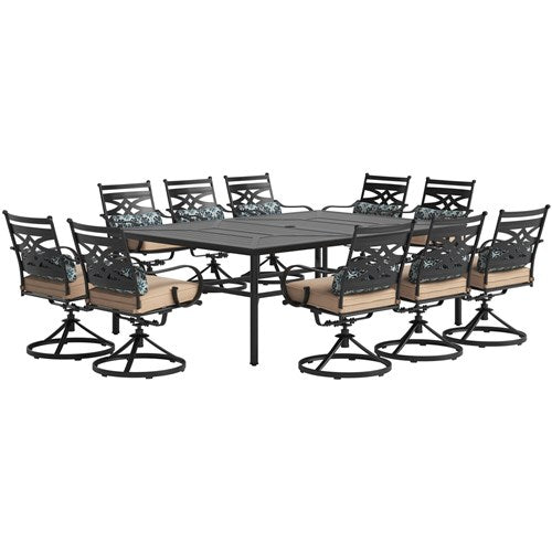 Hanover - Montclair 11pc: 10 Swivel Rockers, 60"x84" Rectangle Dining Table - Tan/Brown-United Backyard