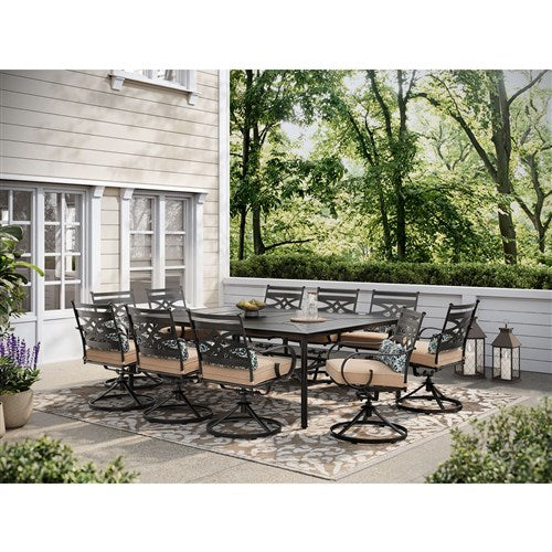 Hanover - Montclair 11pc: 10 Swivel Rockers, 60"x84" Rectangle Dining Table - Tan/Brown-United Backyard