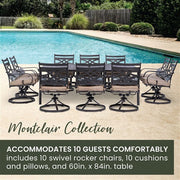 Hanover - Montclair 11pc: 10 Swivel Rockers, 60"x84" Rectangle Dining Table - Tan/Brown-United Backyard