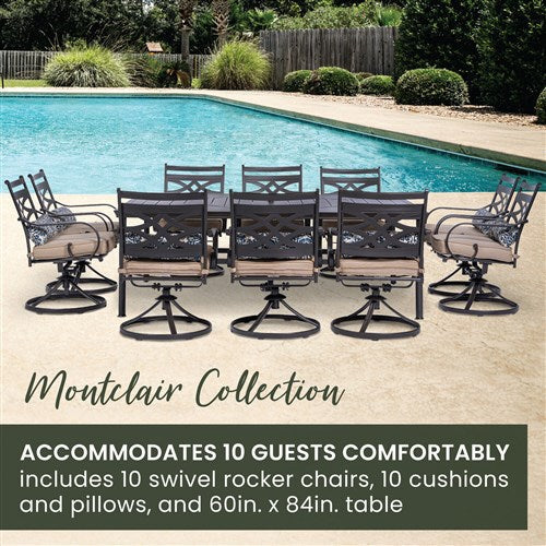 Hanover - Montclair 11pc: 10 Swivel Rockers, 60"x84" Rectangle Dining Table - Tan/Brown-United Backyard