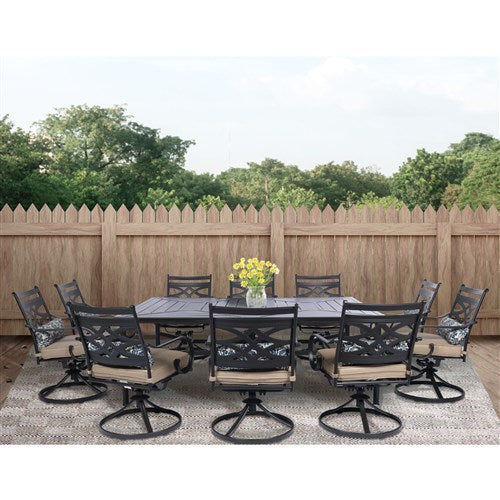 Hanover - Montclair 11pc: 10 Swivel Rockers, 60"x84" Rectangle Dining Table - Tan/Brown-United Backyard