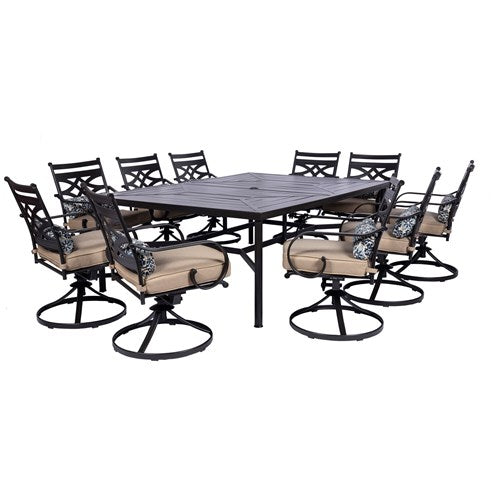 Hanover - Montclair 11pc: 10 Swivel Rockers, 60"x84" Rectangle Dining Table - Tan/Brown-United Backyard