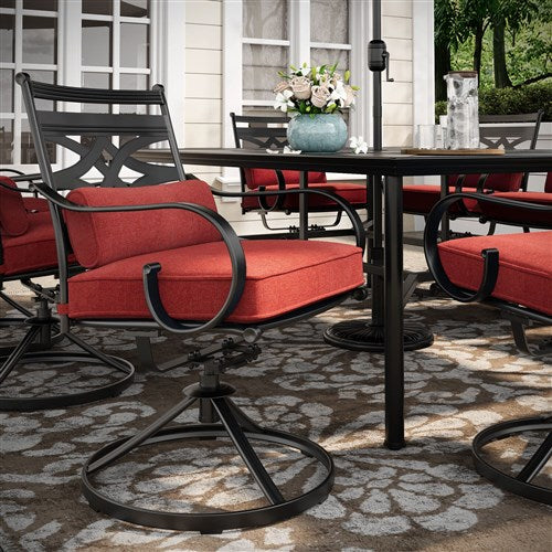 Hanover - Montclair 11pc: 10 Swivel Rockers, 60"x84" Table, Umbrella, Base - Chili Red/Brown-United Backyard