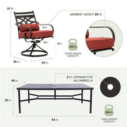 Hanover - Montclair 11pc: 10 Swivel Rockers, 60"x84" Table, Umbrella, Base - Chili Red/Brown-United Backyard