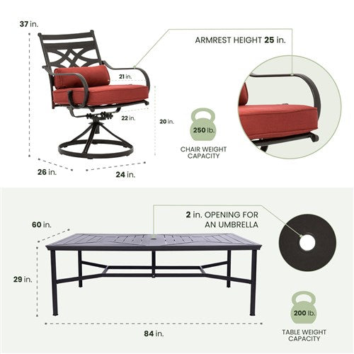 Hanover - Montclair 11pc: 10 Swivel Rockers, 60"x84" Table, Umbrella, Base - Chili Red/Brown-United Backyard