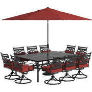 Hanover - Montclair 11pc: 10 Swivel Rockers, 60"x84" Table, Umbrella, Base - Chili Red/Brown-United Backyard