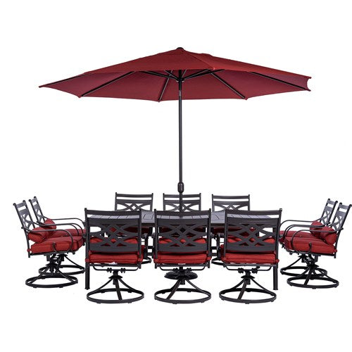 Hanover - Montclair 11pc: 10 Swivel Rockers, 60"x84" Table, Umbrella, Base - Chili Red/Brown-United Backyard