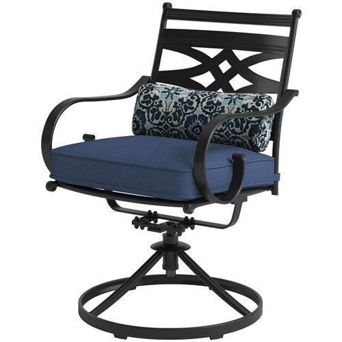 Hanover - Montclair 11pc: 10 Swivel Rockers, 60"x84" Table, Umbrella, Base - Navy/Brown-United Backyard