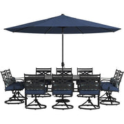 Hanover - Montclair 11pc: 10 Swivel Rockers, 60"x84" Table, Umbrella, Base - Navy/Brown-United Backyard