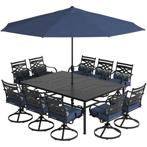 Hanover - Montclair 11pc: 10 Swivel Rockers, 60"x84" Table, Umbrella, Base - Navy/Brown-United Backyard