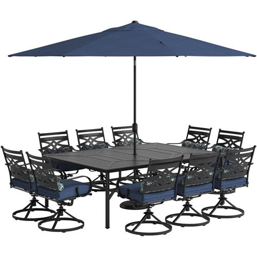 Hanover - Montclair 11pc: 10 Swivel Rockers, 60"x84" Table, Umbrella, Base - Navy/Brown-United Backyard