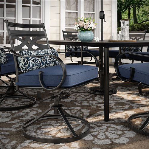 Hanover - Montclair 11pc: 10 Swivel Rockers, 60"x84" Table, Umbrella, Base - Navy/Brown-United Backyard