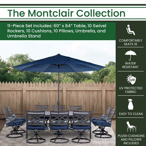 Hanover - Montclair 11pc: 10 Swivel Rockers, 60"x84" Table, Umbrella, Base - Navy/Brown-United Backyard