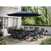 Hanover - Montclair 11pc: 10 Swivel Rockers, 60"x84" Table, Umbrella, Base - Navy/Brown-United Backyard
