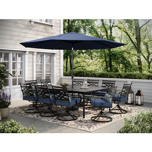 Hanover - Montclair 11pc: 10 Swivel Rockers, 60"x84" Table, Umbrella, Base - Navy/Brown-United Backyard
