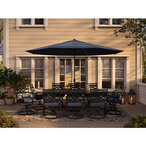Hanover - Montclair 11pc: 10 Swivel Rockers, 60"x84" Table, Umbrella, Base - Navy/Brown-United Backyard