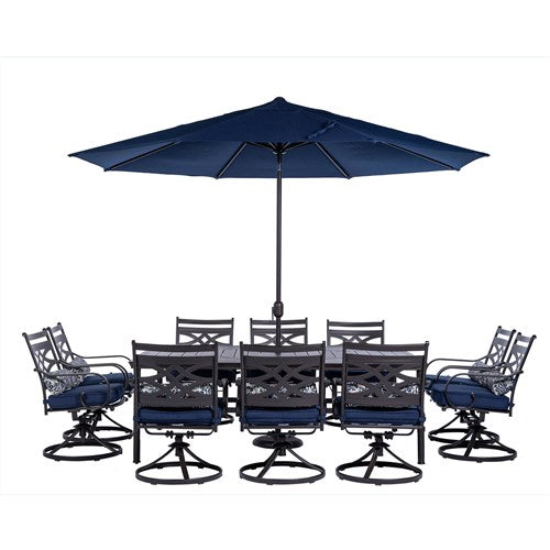 Hanover - Montclair 11pc: 10 Swivel Rockers, 60"x84" Table, Umbrella, Base - Navy/Brown-United Backyard