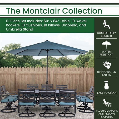 Hanover - Montclair 11pc: 10 Swivel Rockers, 60"x84" Table, Umbrella, Base - Ocean Blue/Brown-United Backyard