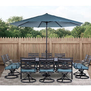Hanover - Montclair 11pc: 10 Swivel Rockers, 60"x84" Table, Umbrella, Base - Ocean Blue/Brown-United Backyard