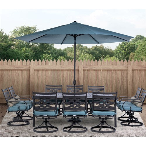 Hanover - Montclair 11pc: 10 Swivel Rockers, 60"x84" Table, Umbrella, Base - Ocean Blue/Brown-United Backyard
