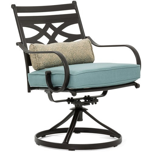 Hanover - Montclair 11pc: 10 Swivel Rockers, 60"x84" Table, Umbrella, Base - Ocean Blue/Brown-United Backyard