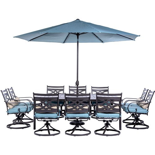 Hanover - Montclair 11pc: 10 Swivel Rockers, 60"x84" Table, Umbrella, Base - Ocean Blue/Brown-United Backyard