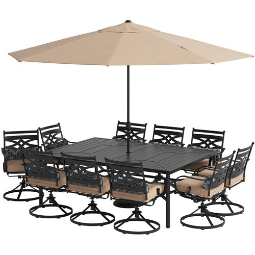 Hanover - Montclair 11pc: 10 Swivel Rockers, 60"x84" Table, Umbrella, Base - Tan/Brown-United Backyard