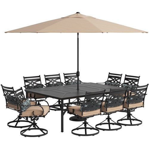 Hanover - Montclair 11pc: 10 Swivel Rockers, 60"x84" Table, Umbrella, Base - Tan/Brown-United Backyard