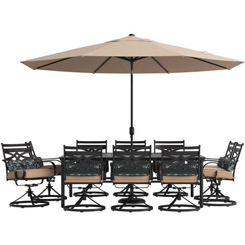 Hanover - Montclair 11pc: 10 Swivel Rockers, 60"x84" Table, Umbrella, Base - Tan/Brown-United Backyard