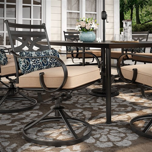 Hanover - Montclair 11pc: 10 Swivel Rockers, 60"x84" Table, Umbrella, Base - Tan/Brown-United Backyard