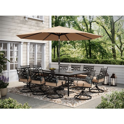 Hanover - Montclair 11pc: 10 Swivel Rockers, 60"x84" Table, Umbrella, Base - Tan/Brown-United Backyard