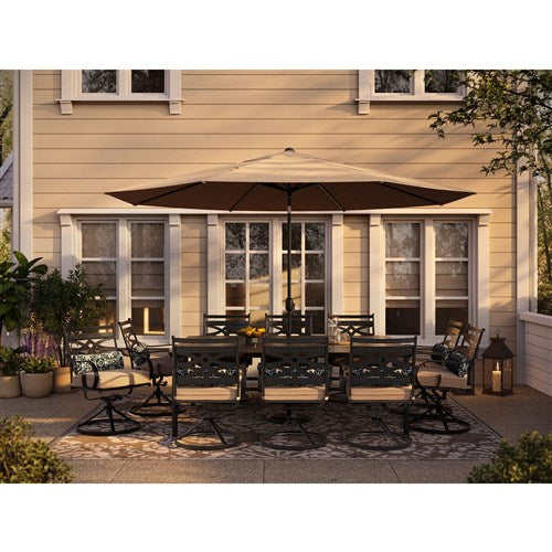 Hanover - Montclair 11pc: 10 Swivel Rockers, 60"x84" Table, Umbrella, Base - Tan/Brown-United Backyard