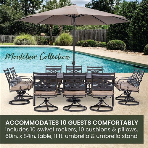 Hanover - Montclair 11pc: 10 Swivel Rockers, 60"x84" Table, Umbrella, Base - Tan/Brown-United Backyard