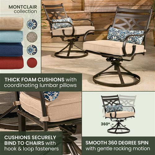 Hanover - Montclair 11pc: 10 Swivel Rockers, 60"x84" Table, Umbrella, Base - Tan/Brown-United Backyard