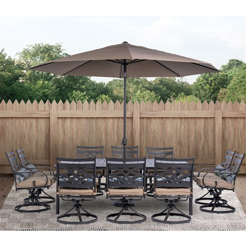 Hanover - Montclair 11pc: 10 Swivel Rockers, 60"x84" Table, Umbrella, Base - Tan/Brown-United Backyard