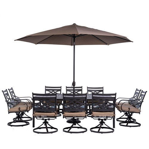 Hanover - Montclair 11pc: 10 Swivel Rockers, 60"x84" Table, Umbrella, Base - Tan/Brown-United Backyard