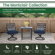 Hanover - Montclair 3pc: 2 Swivel Rockers, 27" Square Bistro Table - Navy/Brown-United Backyard