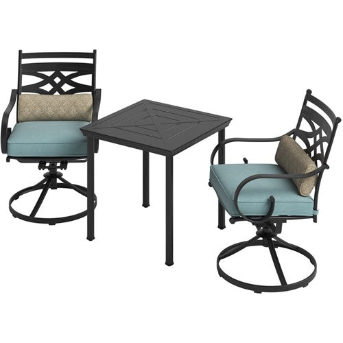 Hanover - Montclair 3pc: 2 Swivel Rockers, 27" Square Bistro Table - Ocean Blue/Brown-United Backyard