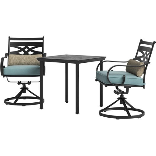 Hanover - Montclair 3pc: 2 Swivel Rockers, 27" Square Bistro Table - Ocean Blue/Brown-United Backyard