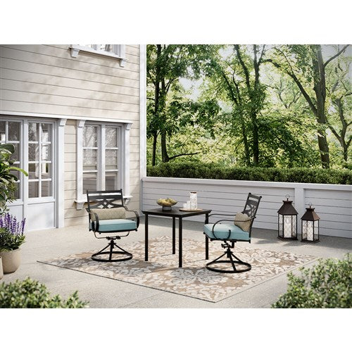 Hanover - Montclair 3pc: 2 Swivel Rockers, 27" Square Bistro Table - Ocean Blue/Brown-United Backyard