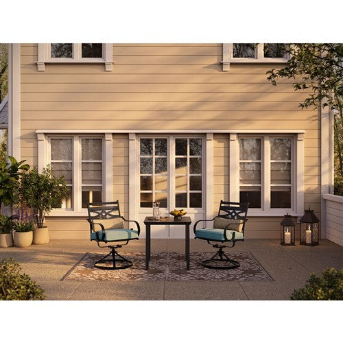 Hanover - Montclair 3pc: 2 Swivel Rockers, 27" Square Bistro Table - Ocean Blue/Brown-United Backyard