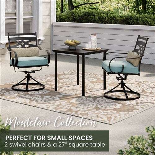 Hanover - Montclair 3pc: 2 Swivel Rockers, 27" Square Bistro Table - Ocean Blue/Brown-United Backyard