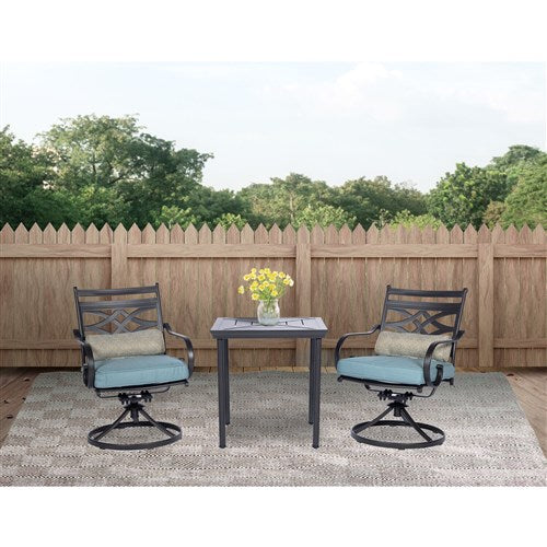 Hanover - Montclair 3pc: 2 Swivel Rockers, 27" Square Bistro Table - Ocean Blue/Brown-United Backyard