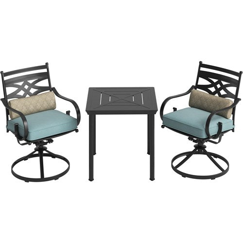 Hanover - Montclair 3pc: 2 Swivel Rockers, 27" Square Bistro Table - Ocean Blue/Brown-United Backyard