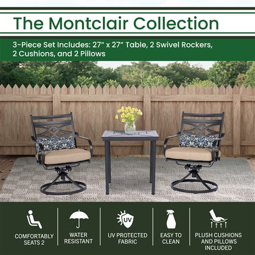Hanover - Montclair 3pc: 2 Swivel Rockers, 27" Square Bistro Table - Tan/Brown-United Backyard