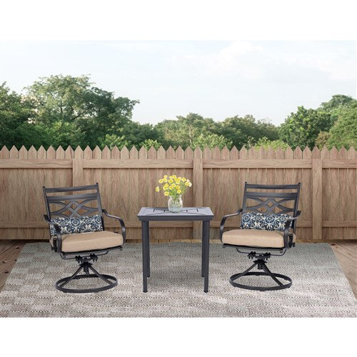 Hanover - Montclair 3pc: 2 Swivel Rockers, 27" Square Bistro Table - Tan/Brown-United Backyard