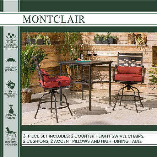 Hanover - Montclair 3pc High Dining: 2 Swivel Chairs, 33" Square High Dining Table - Chili Red/Brown-United Backyard