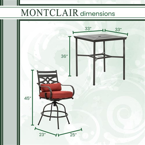 Hanover - Montclair 3pc High Dining: 2 Swivel Chairs, 33" Square High Dining Table - Chili Red/Brown-United Backyard