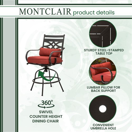 Hanover - Montclair 3pc High Dining: 2 Swivel Chairs, 33" Square High Dining Table - Chili Red/Brown-United Backyard